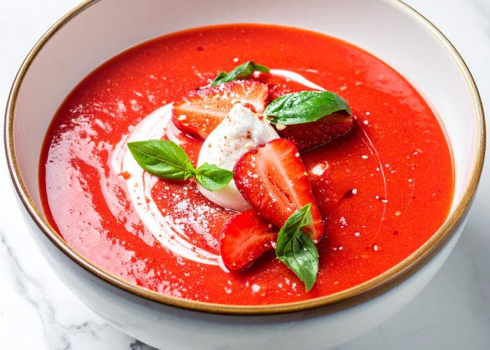 Firefly_Ultra realistic food photography of a chilled strawberry soup dessert revisited by a 317903