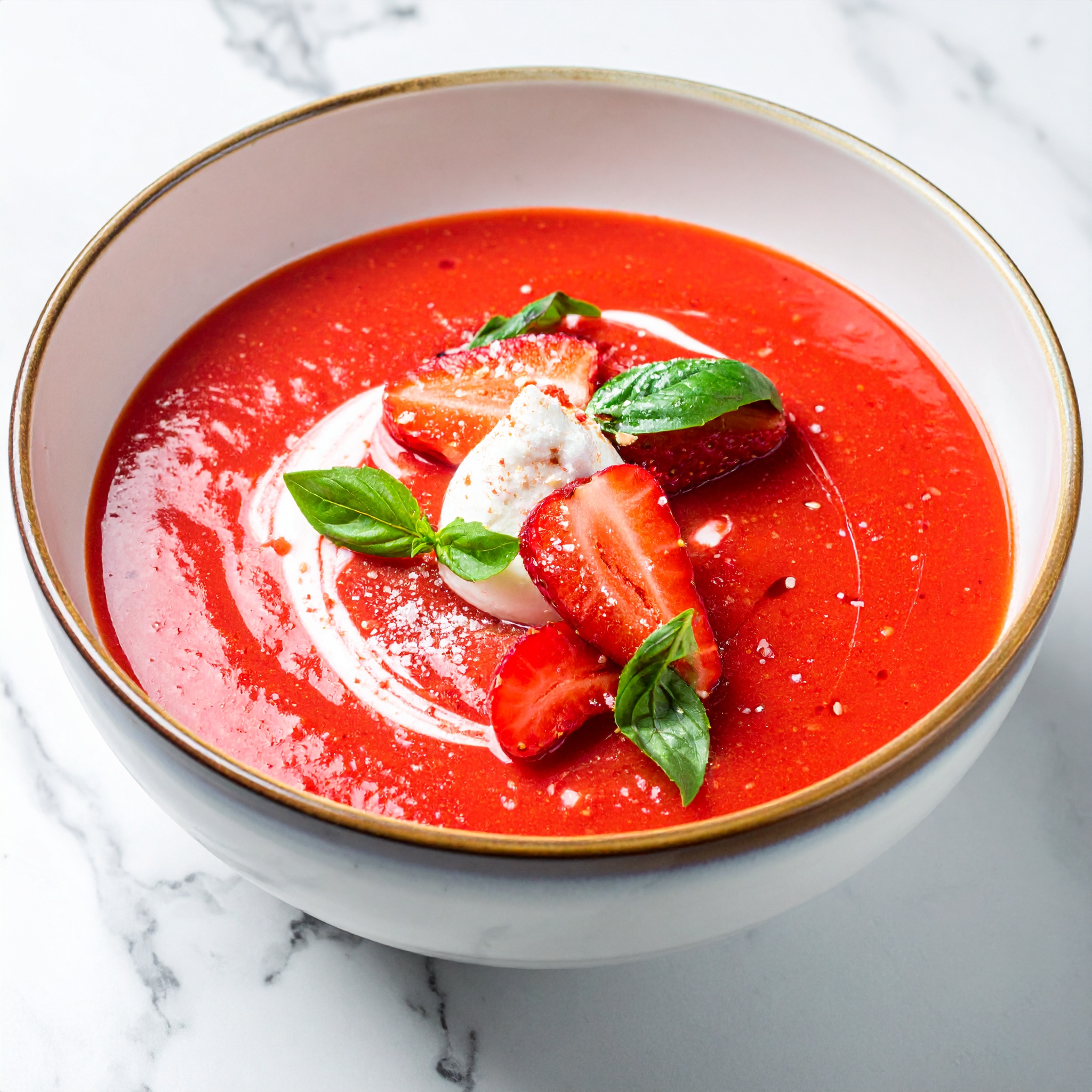 Firefly_Ultra realistic food photography of a chilled strawberry soup dessert revisited by a 317903